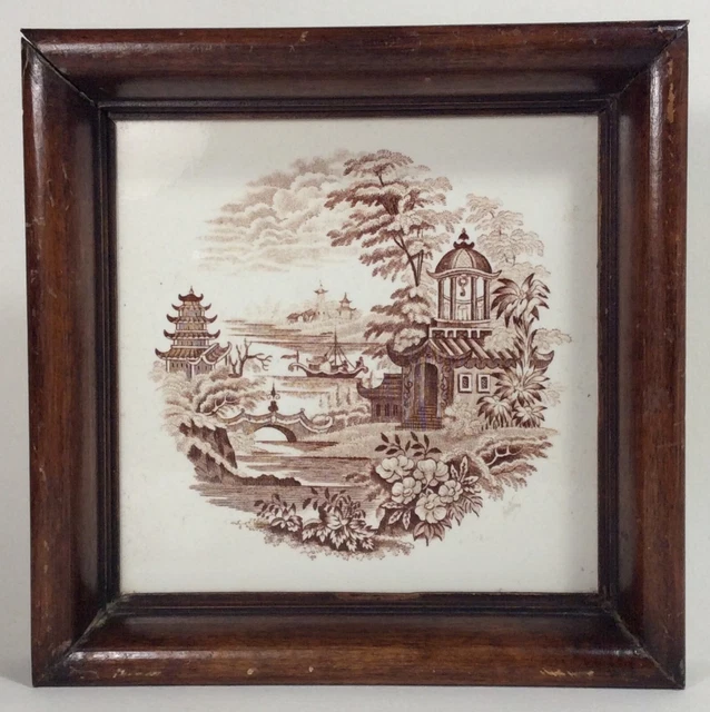 Antique 1880s Brown Transferware Tile SOCIETÀ CERAMICA RICHARD Italy Blue Willow