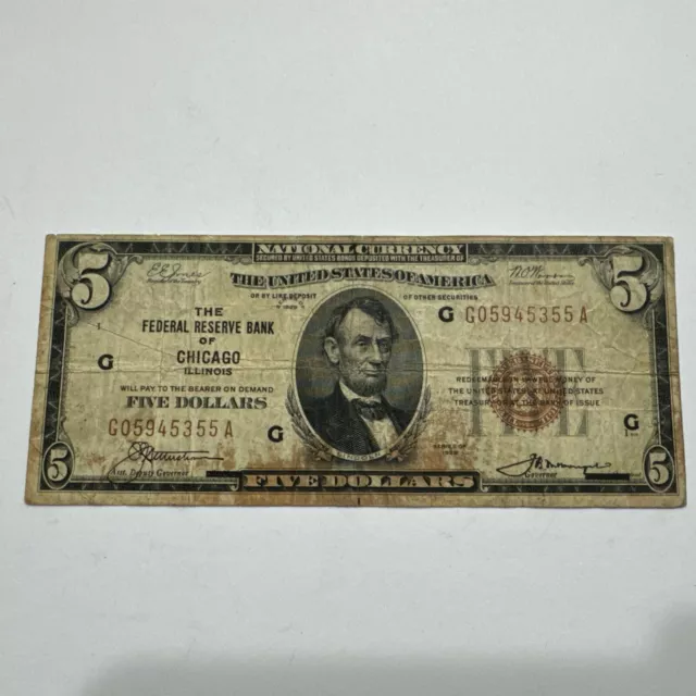 1929 $5 National Currency Note Chicago Illinois Federal Reserve Bank