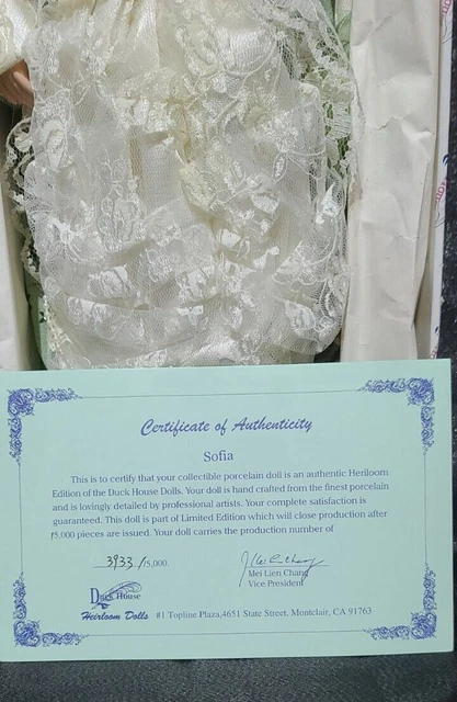 Duck House Heirloom Dolls NIB D18-582 Sofia Limited Edition 3933/15000 COA 2