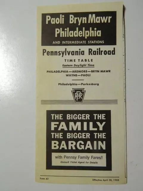 Used 1963 PRR Pennsylvania Railroad timetable Paoli Bryn Mawr Philadelphia