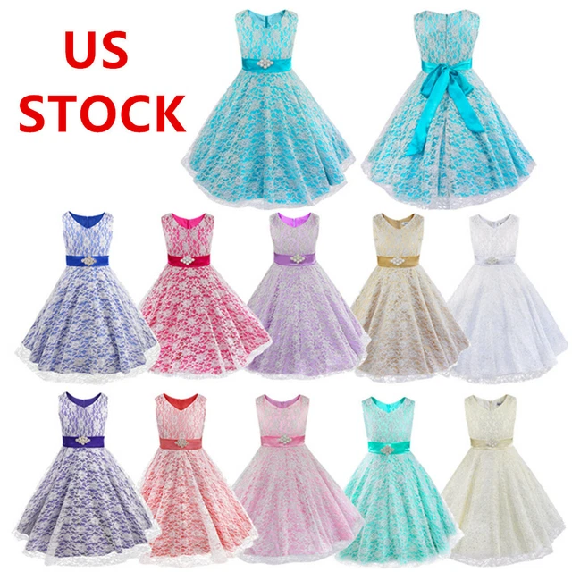 US Kids Flower Girl Floral Lace Dress Wedding Bridesmaid Party Pageant Ball Gown