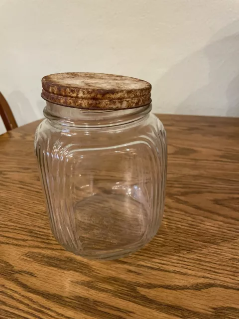 Vintage HAZEL ATLAS Ribbed Corners Clear Glass Hoosier Cabinet Jar w/Rusty Lid 2