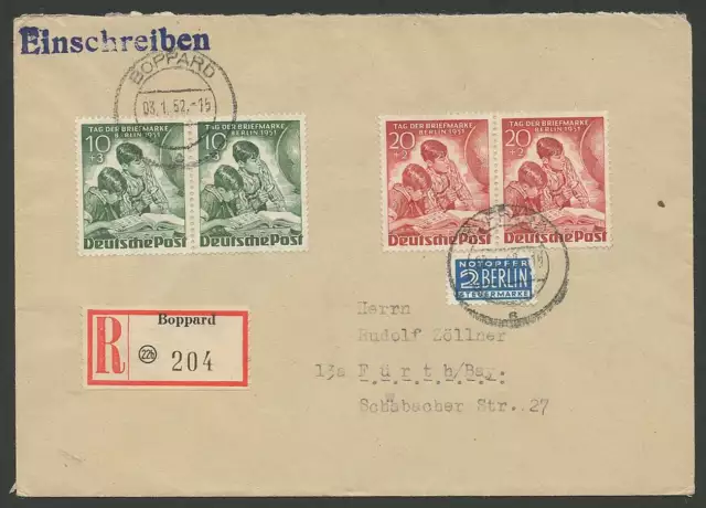 Berlin Nr. 80-81 je im Paar auf R-Brief BOPPARD 3.1.52 - FÜRTH, Mi. 170,- Euro