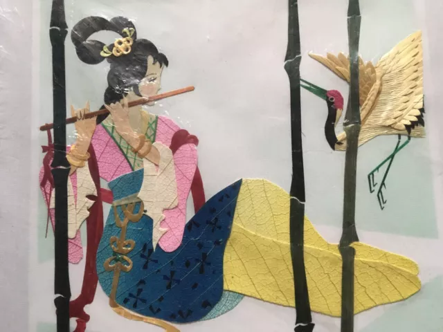 (4)Wheat Stalk On Silk Asian Oriental Art Parrot Woman Flute Frameable Wall Art