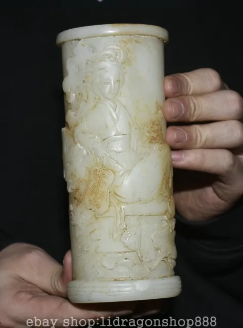 6.6" Old Chinese Hetian Jade Carved Dynasty Palace belle Brush Pot Pencil Vase