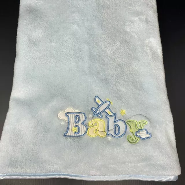 Spa Silk Blue Baby Blanket Embroidered Baby Airplane Clouds  Stars Satin Trim