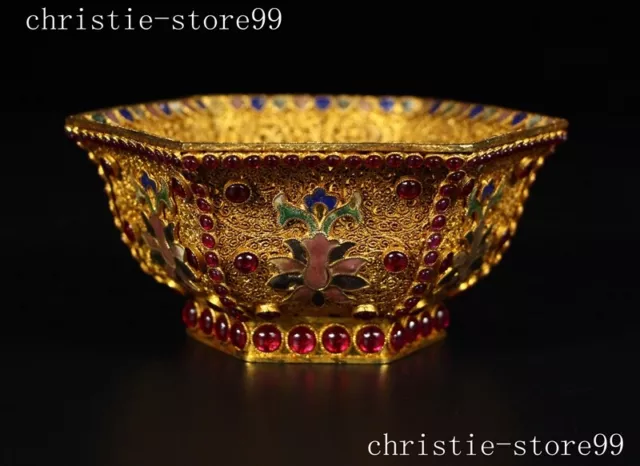 5" Chinese bronze Gilt filigree Inlay gem Tea cup Bowl statue