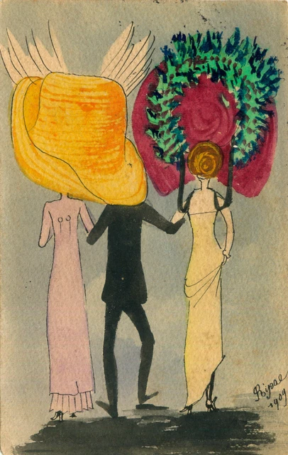 CPA Chapeau jaune et chapeau rouge et monsieur en noir
