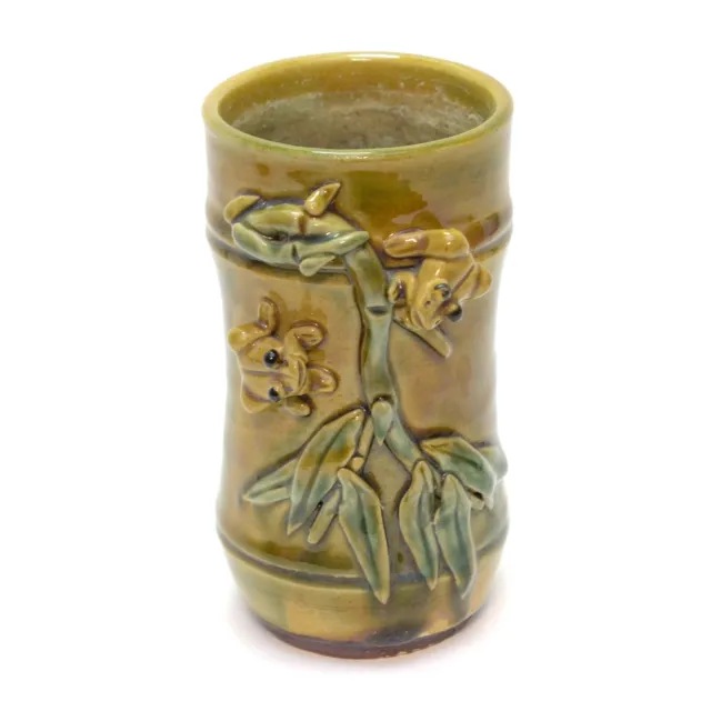 Vintage Studio Art Pottery Frogs Bamboo Majolica Vase Glazed Green Brown Signed