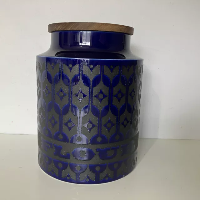 Vintage Hornsea Heirloom Blue Flour Jar Storage Canister w/ Original Wooden Lid