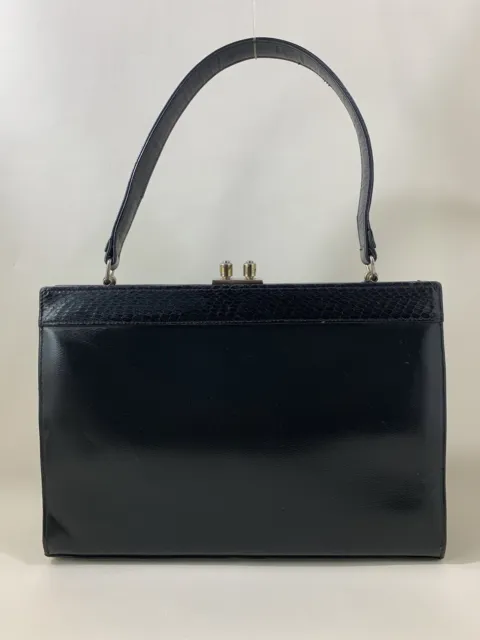 Vintage 1950s Black Leather Handbag With Snake Print Trim & Buff Suede Lining