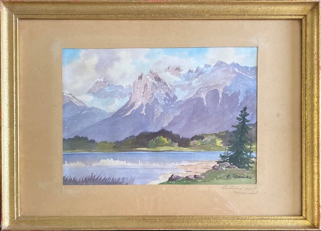 Tableau Aquarelle d'Arno Lemke (né en 1916) Lac de montagne situé