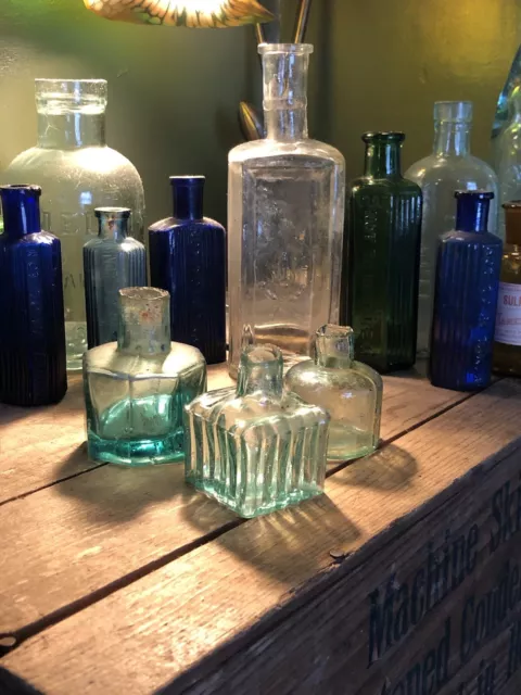 set of 3 Shear Lip  Victorian  / antique Aqua glass ink bottles  ink wells