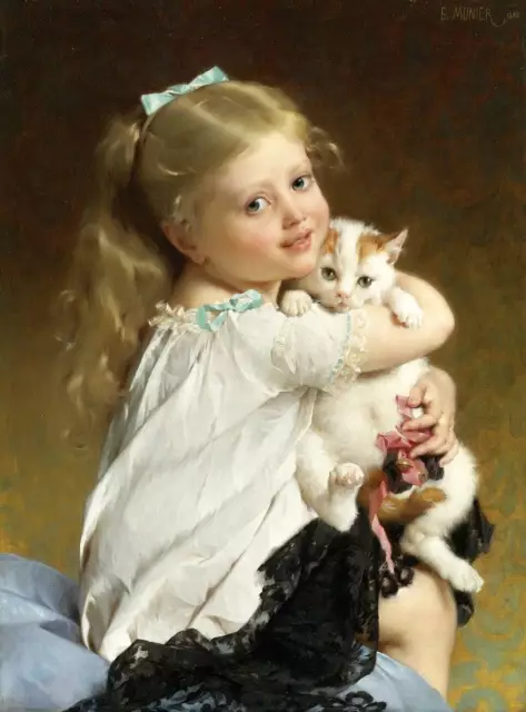 Little Girl With a Kitten  by Emile Munier