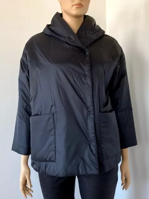 BNWT Eileen Fisher Eggshell Nylon Hooded Boxy Puffer Coat ,Black, L $358