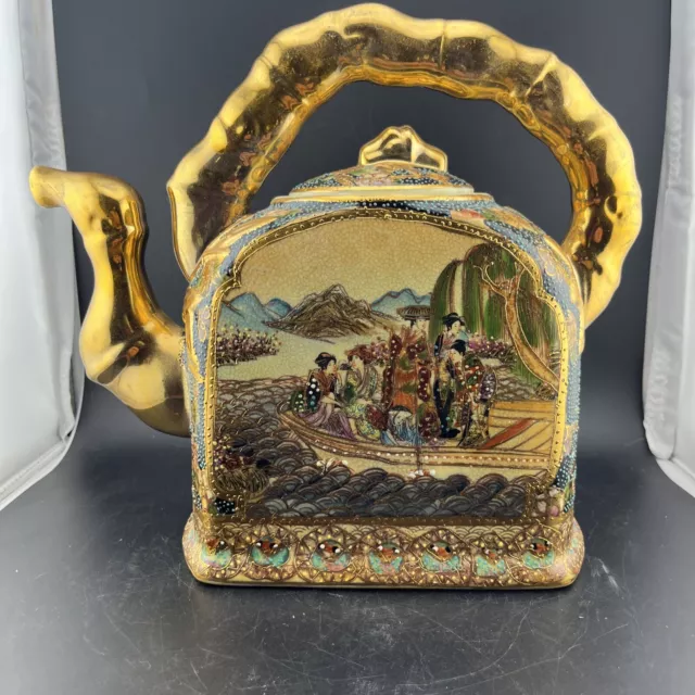 Ornate Gold Royal Satsuma Hand Painted Teapot Detail Scenes Landscape.