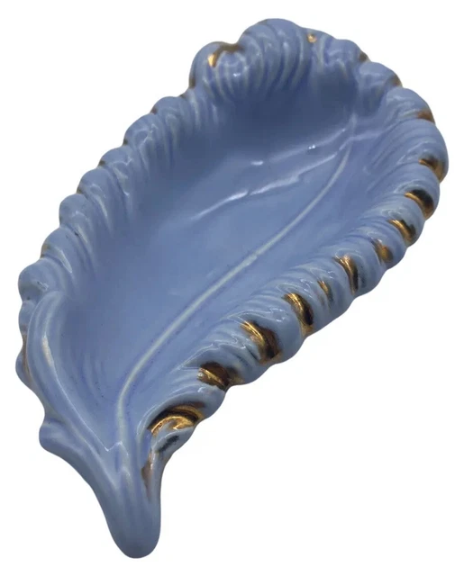 Antique French Blue Porcelain Dish Plate Feather Trinket Jewelry Regency Gilded