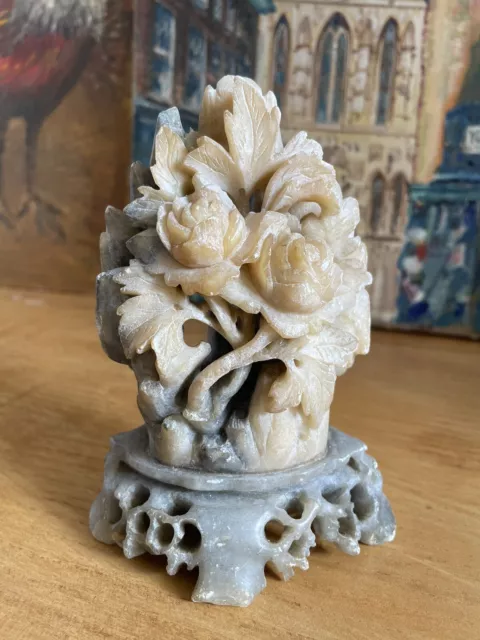 Vintage Chinese Oriental Soapstone Carving Flowers & Foliage Floral Scene