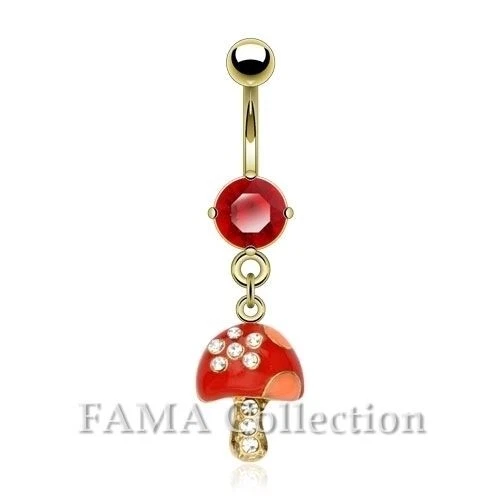 FAMA Red CZ and Gemmed Mushroom Dangle with14kt Gold Plated Navel Belly Ring