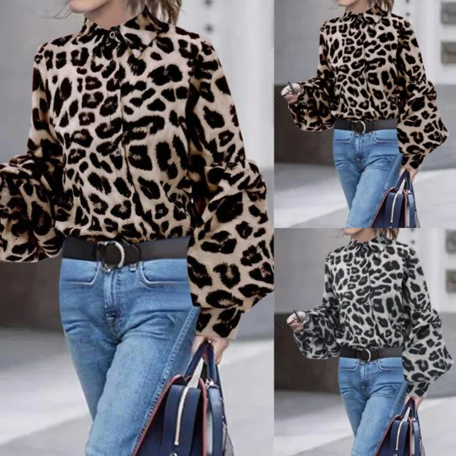 Womens Puff Sleeve Leopard Tunic Tops Work Turn Down Collar Long Sleeve Shirts