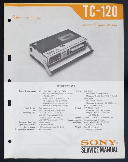 Original SONY TC-120 Cassette-Corder Service-Manual/Diagram/Parts List o132