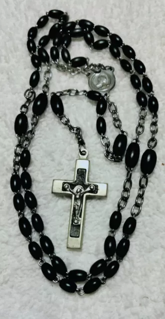 Antique 19th C Wood Bead Rosary Ebony & Brass Crucifix