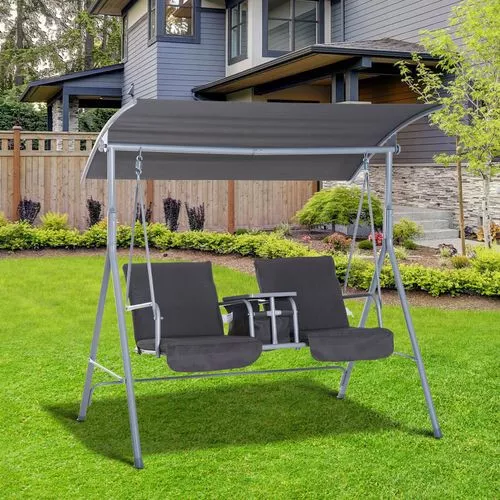 Home Garten Terrasse Outdoor Stahlgestell 2-Sitzer Schaukelstuhl mit Getränketisch grau