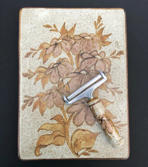 Cheese Set Tile & Slicer Hand Painted Charcuterie Stoneware Vintage Signed C332