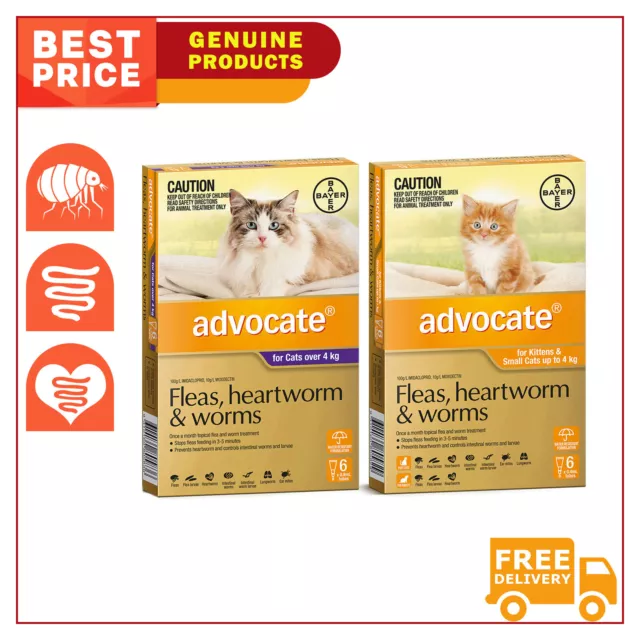 ADVOCATE for All Sizes Cats 6 Pipettes Flea Heartworm and Worm Treatment