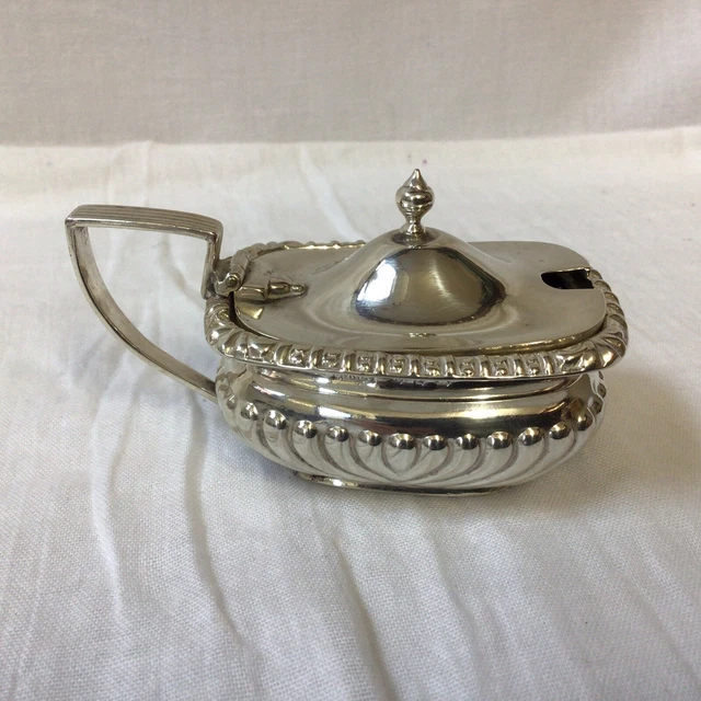 1898 Solid Silver Mustard Pot With Hinged Lid By J R Ltd. 59.65g Glass Liner