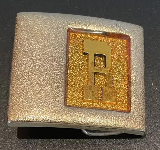 Vintage Lee R Letter Initial Silver Gold Tone Metal Belt Buckle Large Textured