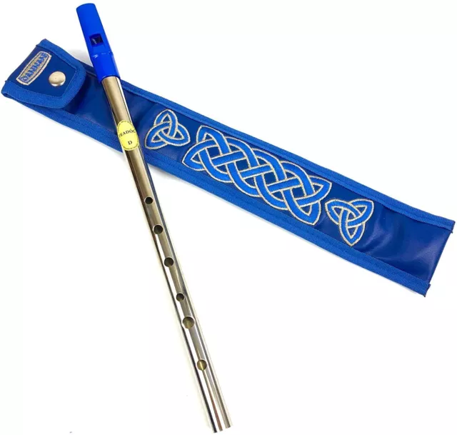 Blue Tin Whistle in key of D by Feadog with Handmade Irish Whistle Case/Sleeve