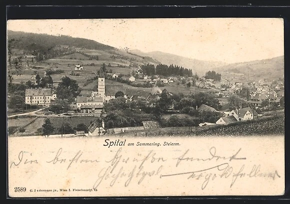 SPITAL AM SEMMERING, Totalansicht mit Bergpanorama, Ansichtskarte 1903 ...
