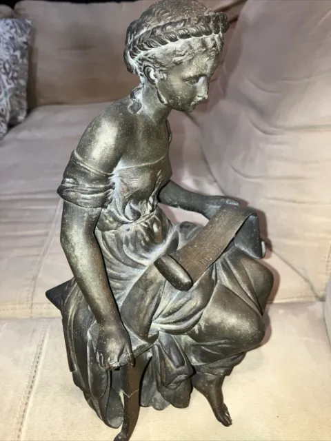 Victorian Era Bronze Sculpture 1800s Woman Sitting & Reading ‘Flute Music Notes’ 2
