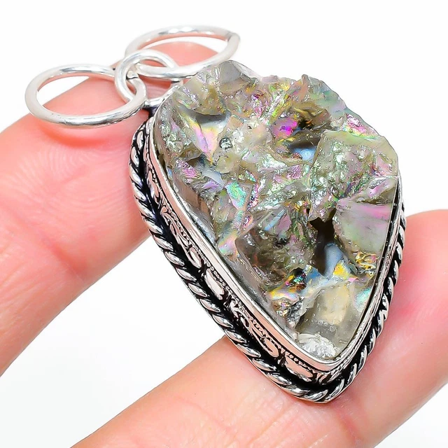Titanium Druzy Gemstone Handmade 925 Sterling Silver Jewelry Pendant 1.97"