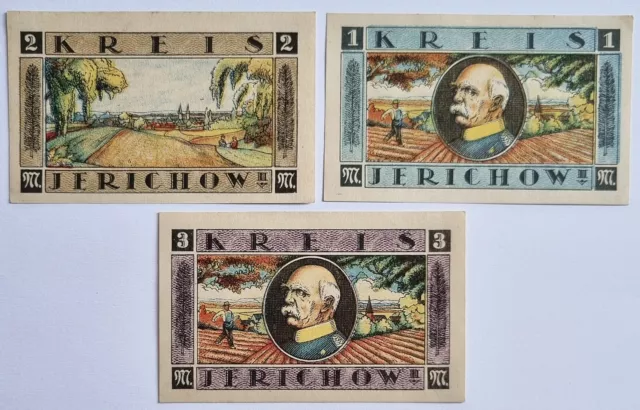 3 Alte Geldscheine, Notgeld aus: Kreis Jerichow - 1+2+3 Mark von 1921