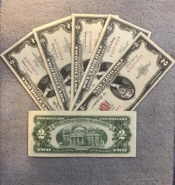 ☆$2 Red Seal Jefferson Dollars ☆Rare Certificate Two Old Estate Money☆1953 1963☆ 3