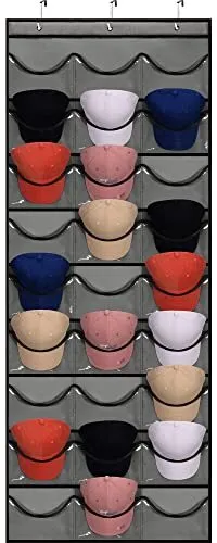 27 Pockets Hat Rack For Baseball Caps Hanging Hat Organizer Over The Door Gray