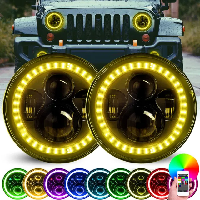 7" Round Halo RGB LED Headlights DRL Light Hi/Lo Beam for Jeep Wrangler Jk TJ LJ
