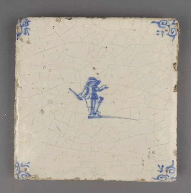 Antique Dutch Delft Blue Tile, Figure, Soldier, Musician? mid 17th Century
