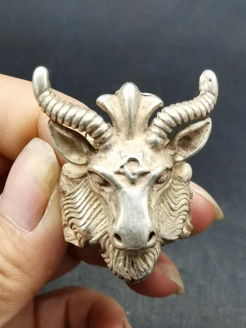 Old Chinese tibet silver handcarved sheep head Ring