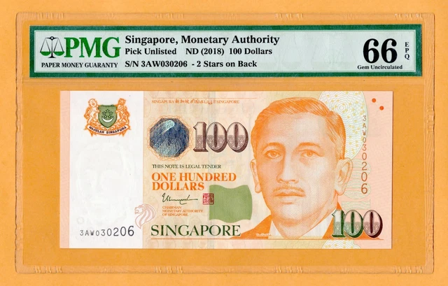 Singapore $100 Dollars PMG-66 EPQ UNC P-50h ND(2018) 2 Stars on back Banknotes