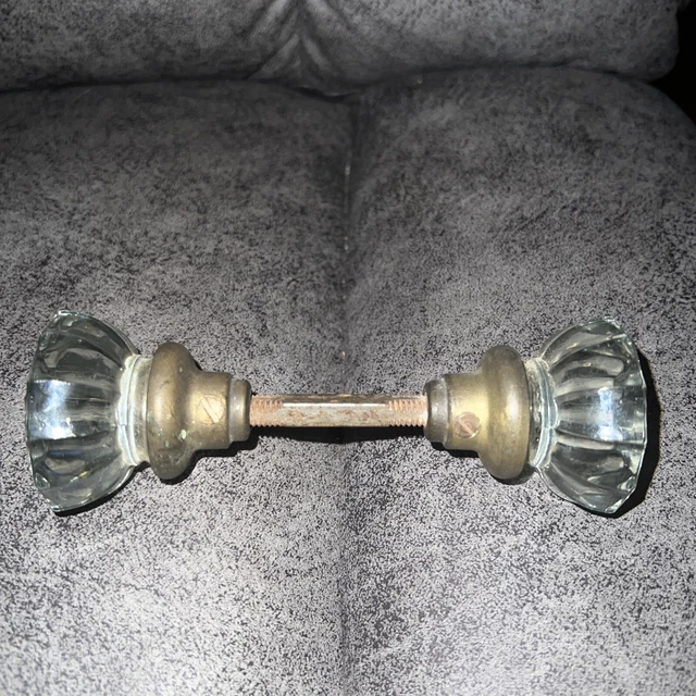 Vintage 12 Point Clear Glass Crystal  Door Knob Set With Brass Trim Nice 6 1/4”