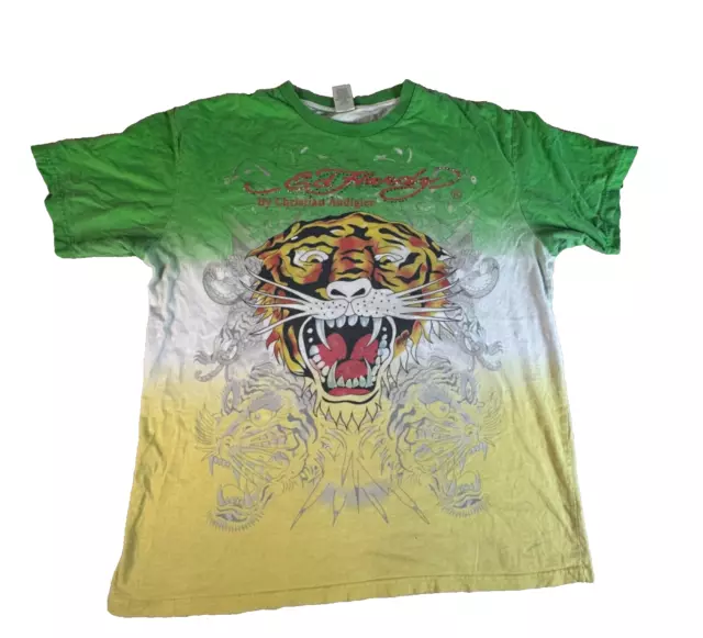 DON ED HARDY Christian Audigier Green Yellow Tiger Bling T Shirt Vtg ...