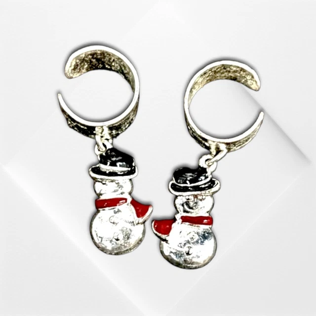 Avon Christmas Snowman Ear Cuffs Silver Tone Dangle Adorable Enamel Vintage
