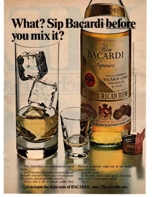 1976 Bacardi Puerto Rican Rum "What? Sip Bacardi Before You Mix It?" Print Ad