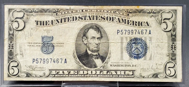 1934 C $5 Silver Certificate Blue Seal  Circulated VG VERY GOOD NOTE BILL