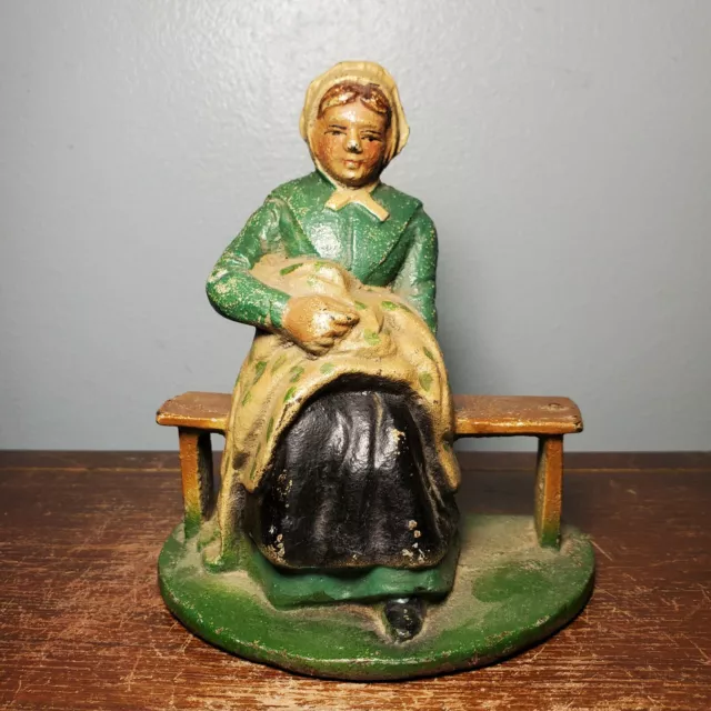 Antique / Vintage Cast Iron Figurine of Woman Sitting on Bench 4 5/8" Tall