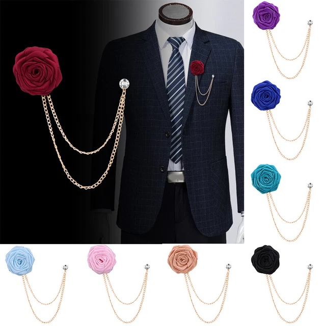 Bridegroom Wedding Brooches Cloth Art Rose Flower Lapel Pin Badge Tassel Chain~