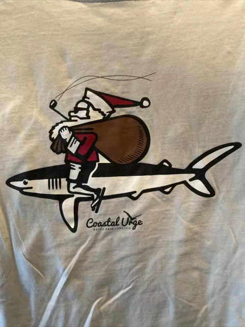 Coastal Urge Bald Head Island Nc Ss Mens Lt Beige Cotton T Shirt Santa On Shark
